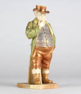 Royal Worcester JOHN BULL Porcelain 6.5" Figurine: Crafted of fine quality English porcelain. Decorated in metallic colors. Signed with the Royal Worcester mark. Measures 6 1/2" x 2 1/2". Good condition with mild surface wear. In house USA continental