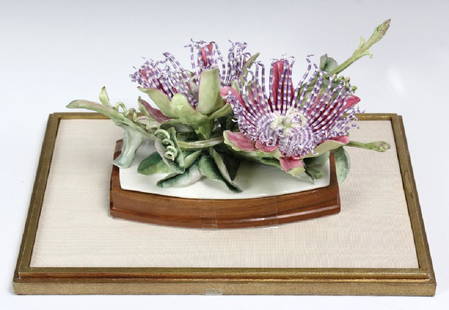 Royal Worcester Porcelain Passion Flower Sculpture: Crafted of fine quality English bone china porcelain. Features a meticulously modeled and painted Passion Flower design by Ronald Van Ruyckevelt. Edition of 500 pieces. Comes in a custom glass