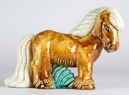 Gunnar Nylund Stoneware Horse Figure Rorstrand: Crafted of stoneware pottery with majolica glaze finish. Designed by Gunnar Nylund for Rorstrand. Signed with impressed mark. Measures 6 1/2" x 9 1/2". Good condition with mild surface wear. In house