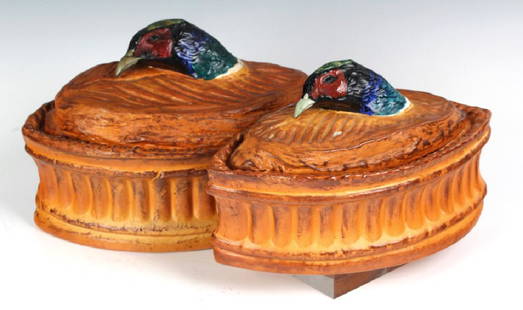 Pair Antique Pillivuyt French Pheasant Soup Tureen: Crafted of fine quality French art pottery. Features a figural pheasant bird top. Signed with Pillivuyt marks. Largest measures approximately 6 1/2" x 10" Good condition with mild surface wear. In