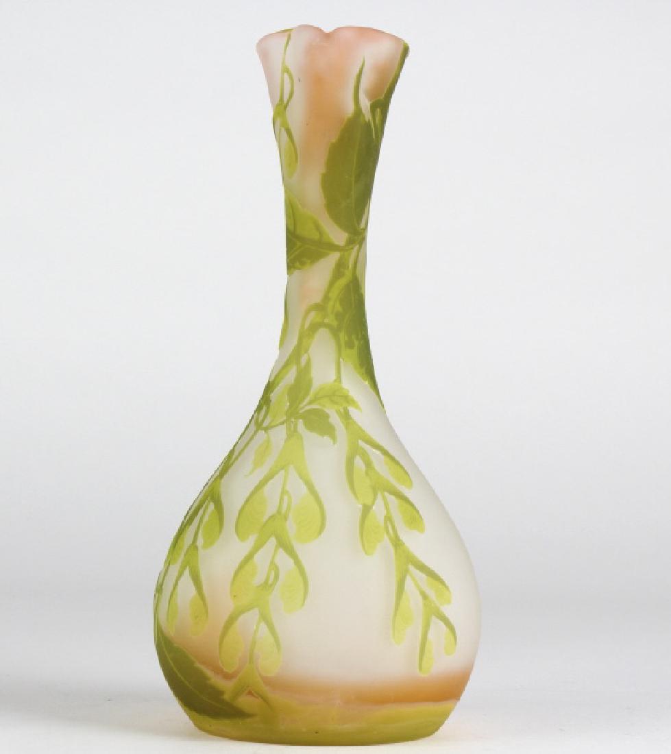 Galle Boxelder Maple Pink Green French Glass Vase: Crafted of fine quality French art glass. Features the erable à feuilles de frêne' or boxelder maple design. Acid etched cased green to clear glass with light pink. Galle signature. Measures 10" x 4