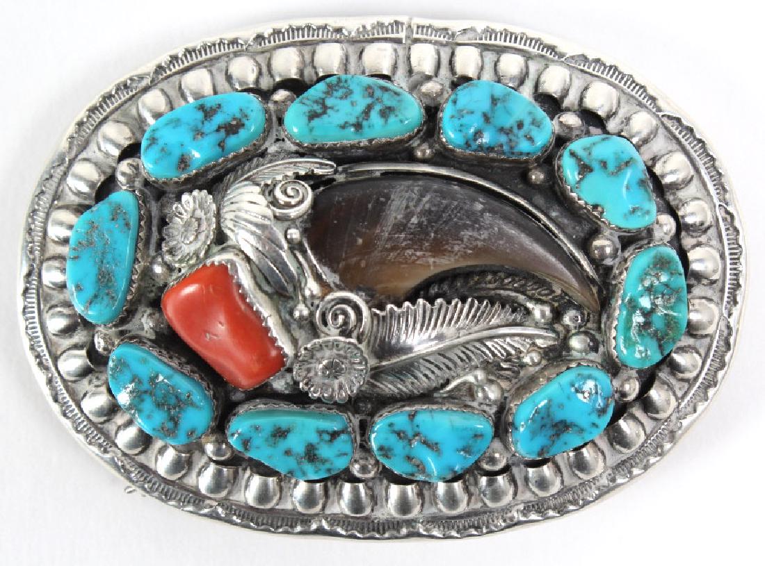IMHJ Native American Silver Coral Turquoise Buckle (1 of 6)