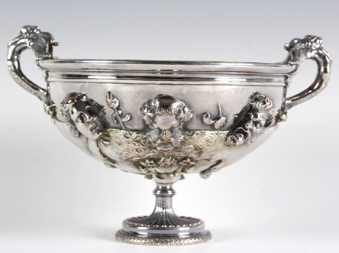 Antique Christofle Tresor D'Hildesheim Bowl RARE: Created as a copy of the treasures of Hildesheim in 1870. Crafted of silver plate with figural Christian iconography. Winged caryatid handles. Signed Christofle on bottom. Measures 4 1/2" x 7 1/4". Go