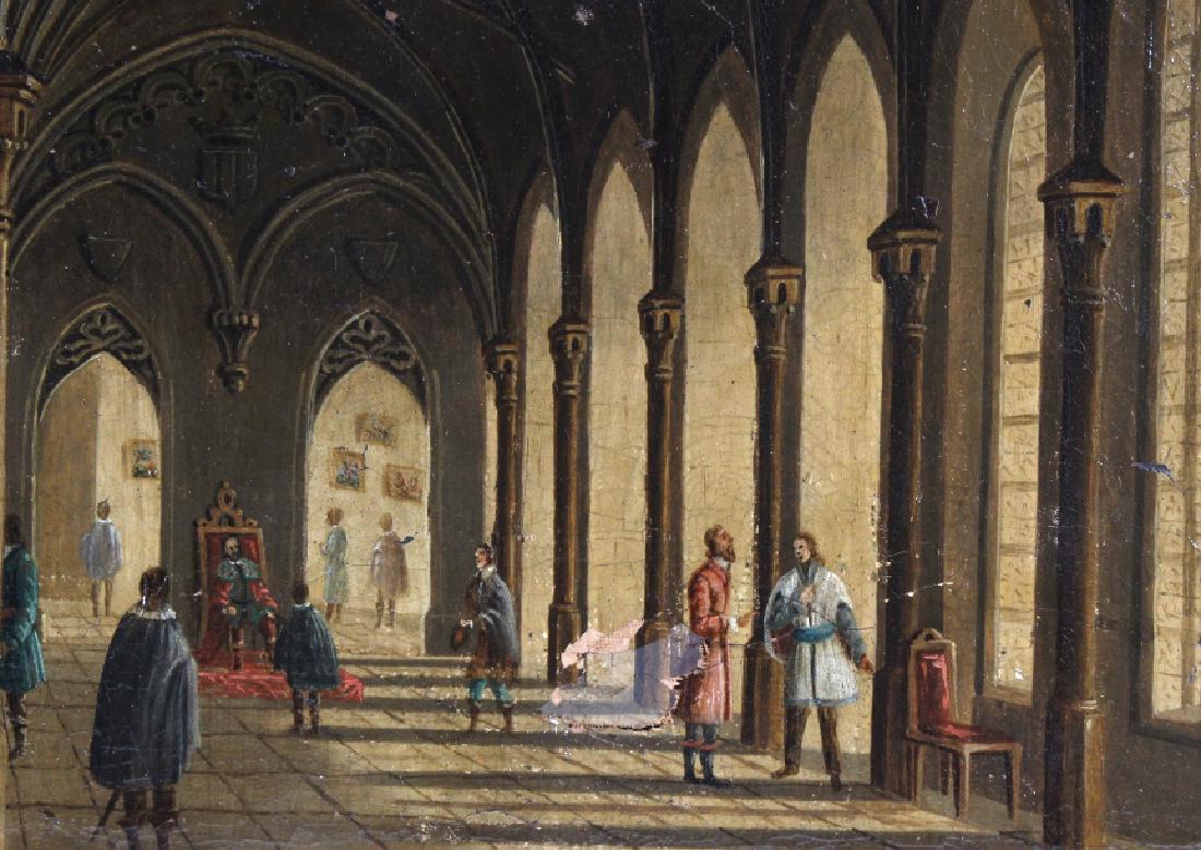 MYSTERY Antique European Palace Scene Oil Painting: Antique original oil on canvas painting. Depicts a palace scene with seated King. Amazing depiction of vaulted ceiling in the style of Canaletto. Unsigned. Work window measures 21 1/2" x 29 1/4". Fram