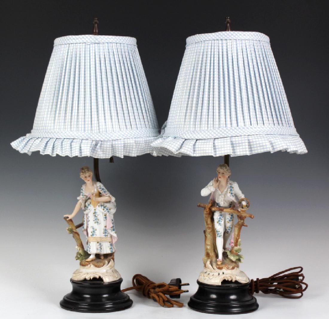 PAIR Antique Dresden Porcelain Figural Table Lamps (1 of 6)