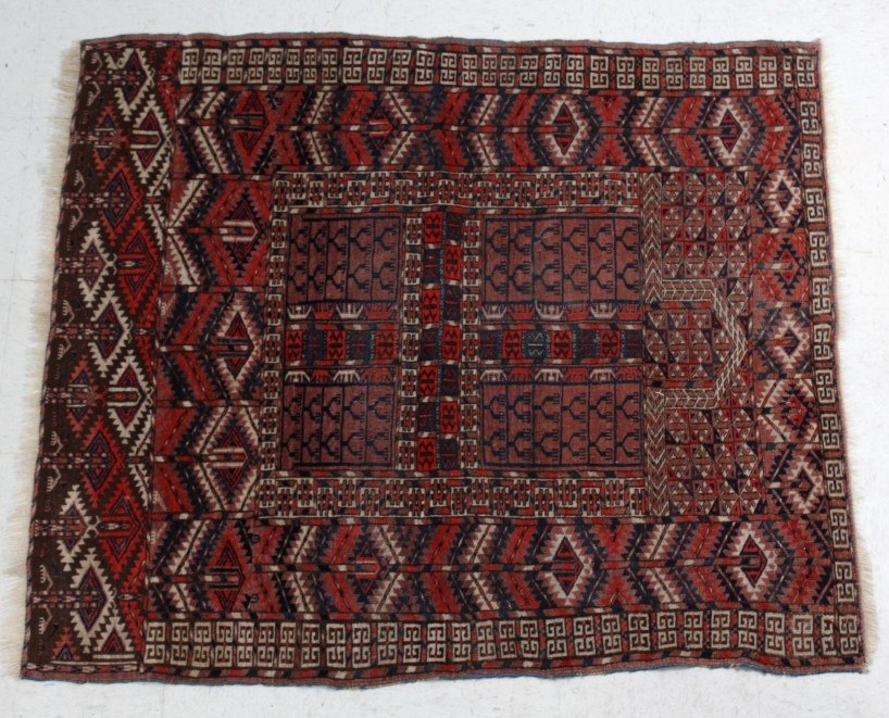 Antique Hand Knotted Beluch Style Prayer Rug 52x45: Features a tight pattern in brown, red, ivory and dark blue. Measures 52" x 45". Good condition with mild surface wear. Will not ship. Will refer a local shipper. Inv 219