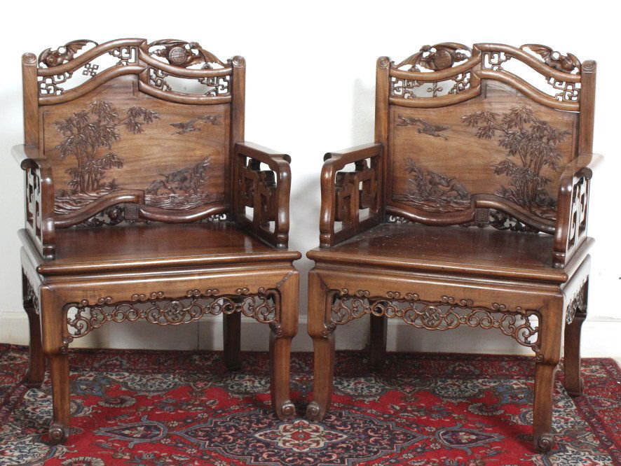 PAIR of Antique Chinese Export Carved Wood Chair (1 of 10)