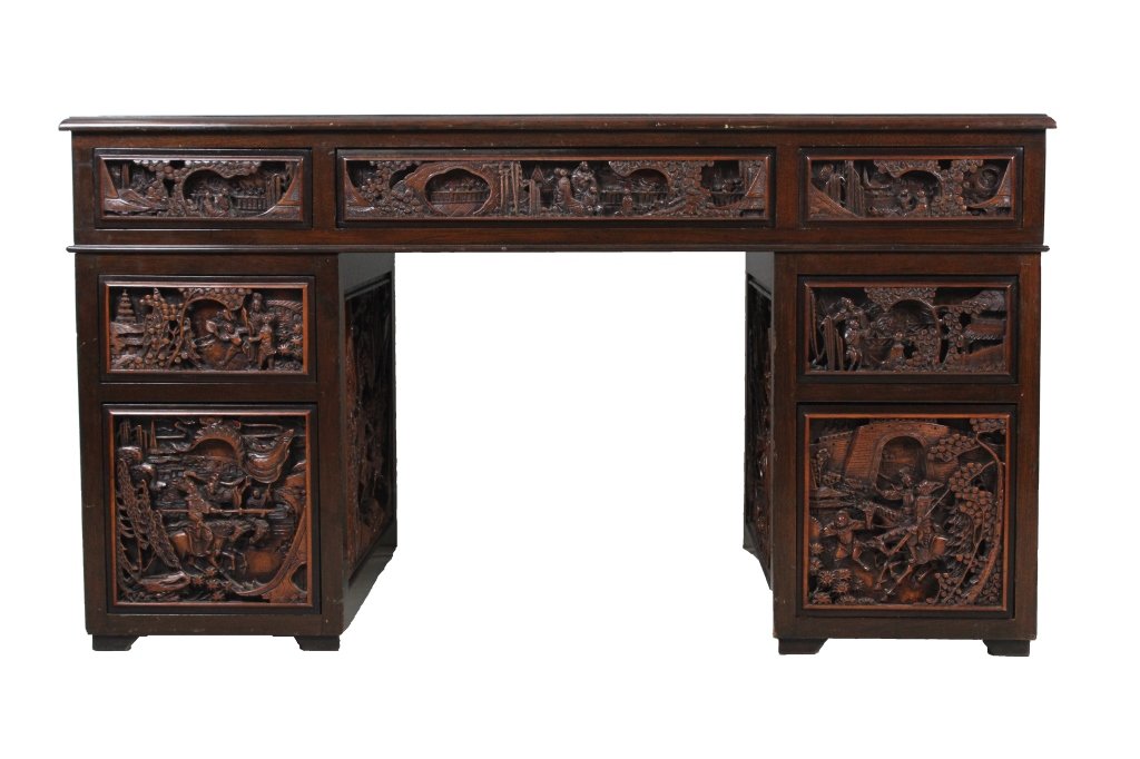 Mid Century Oriental Deep Relief Carved Wood Desk (1 of 11)