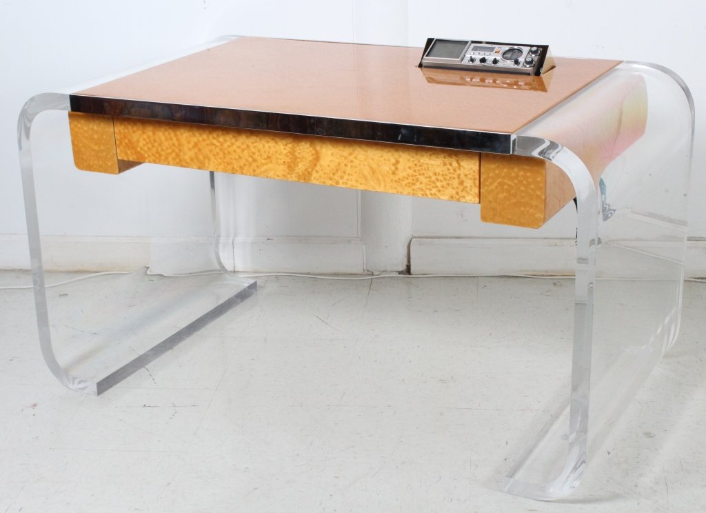 Lion in Frost Lucite Burl Wood Mid Century Desk (1 of 7)