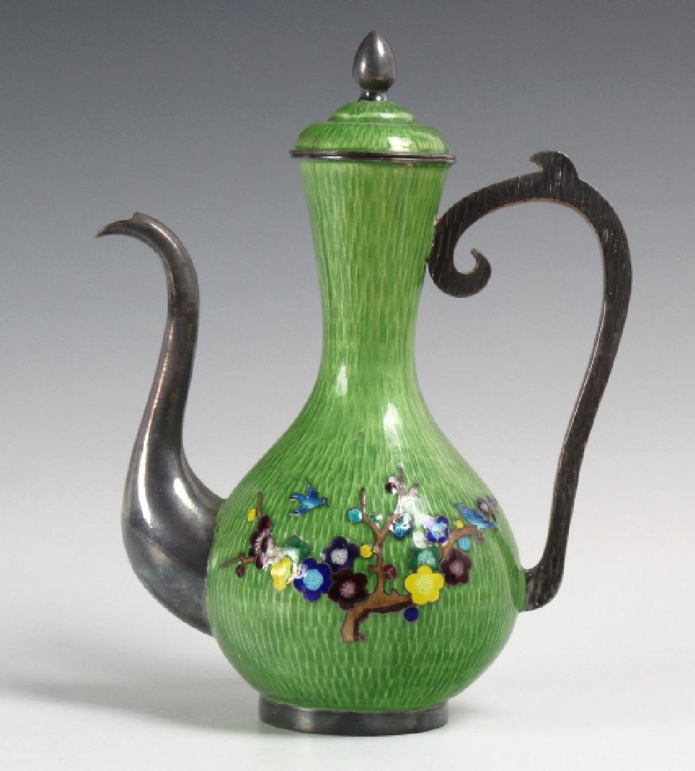 Korean Fine Silver Green Enameled Floral Teapot (1 of 7)