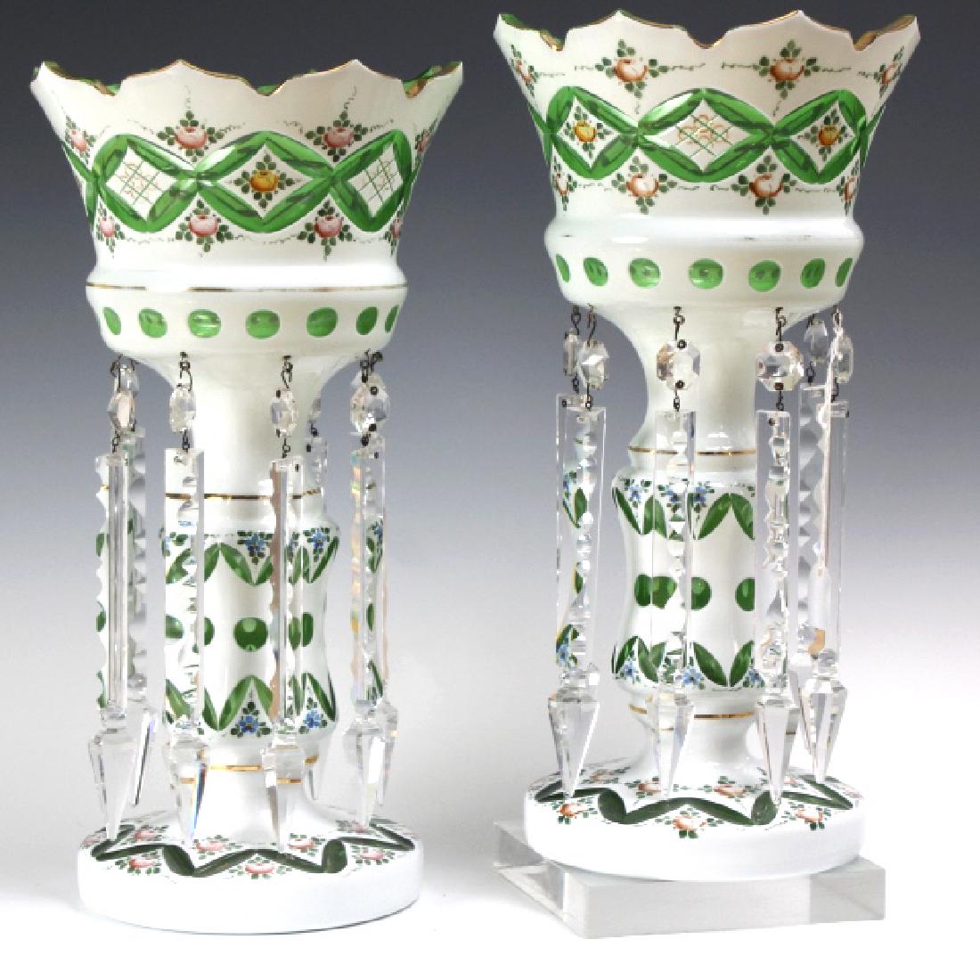 PAIR of Bohemian White Cut to Green Mantle Lusters (1 of 6)