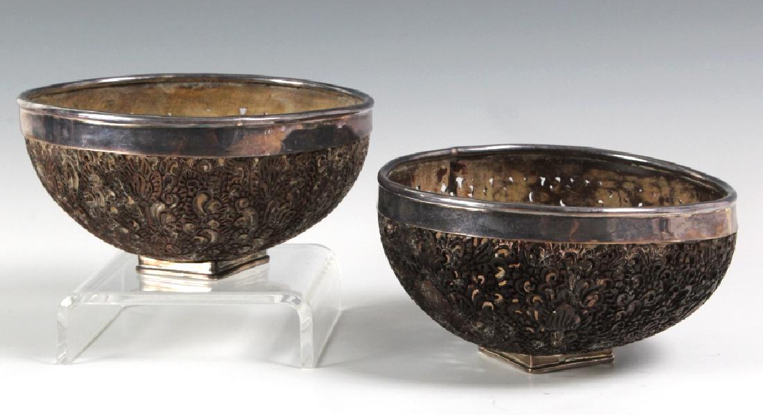 Pair Filigree Carved Silver Mounted Coconut Bowls (1 of 7)