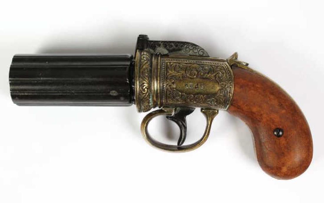 English 1840 Pepper Grinder Revolver REPLICA: Darkened steel and brass construction with wood grips. Measures approximately 8 1/2" x 4" Good condition with mild surface wear. NON OPERABLE. In house USA continental shipping $35 plus insurance. Inv
