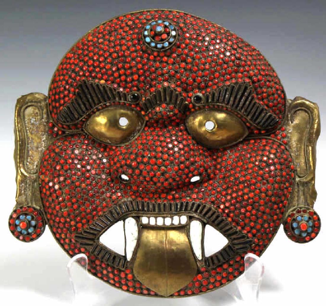 Glass Jeweled Tibetan Brass Buddhist Demon Mask (1 of 6)