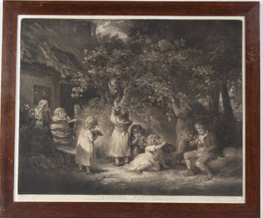 18th Century Children Nutting Mezzotint Etching: Antique, Engraved by Edward Dayes after the original painting by George Morland (1763-1804). Children Nutting published in London 1788 by IR Smith. Isaac and Ede gallery label on verso. Work window me