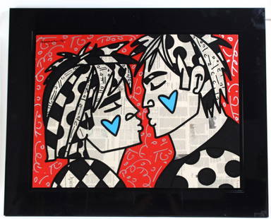 Romero BRITTO RED PRIDE Original Painting On Panel: Romero Britto (1963-Present) original mixed media oil painting on wood panel. Titled Red Pride. Depicts two men poised for a kiss on red ground. Created with oil paints, pen and newspaper.