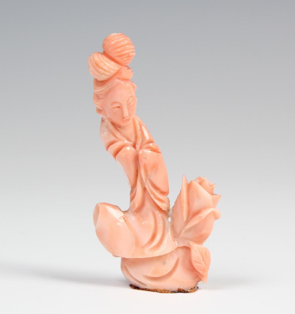 Antique Chinese Carved Natural Pink Coral Figurine: Small Chinese carved natural angel skin pink red coral figurine. Depicts the statue form of Quan Yin (Guanyin, Guan Yin, Kuan Yin). Measures 2 1/2" x 1 1/4". No apparent markings. No base included. We