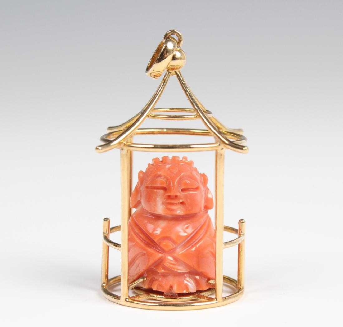 18K Gold Cage Angel Skin Pink Coral Buddha Pendant (1 of 6)