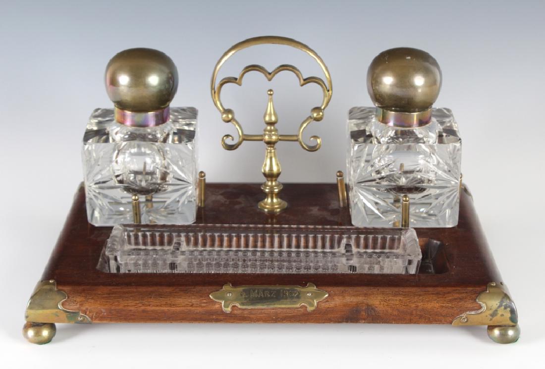 Antique Old Bronze Mounted Wood & Crystal Inkwell (1 of 5)