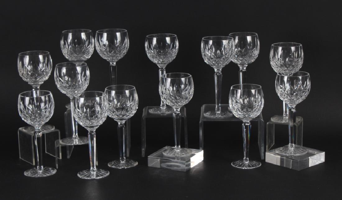 14 Waterford Crystal Lismore Wine Hock Glasses SET: Set of 14 signed Waterford 7 1/2" crystal Lismore cut balloon wine hock goblet glasses Good overall condition with wear consistent with age. In house Hill Auction Gallery continental USA shipping $85 
