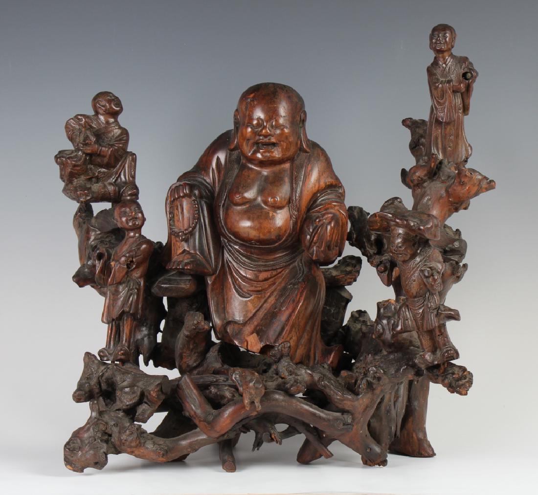 Chinese Carved Burl Wood Buddha w Figures Grouping (1 of 6)