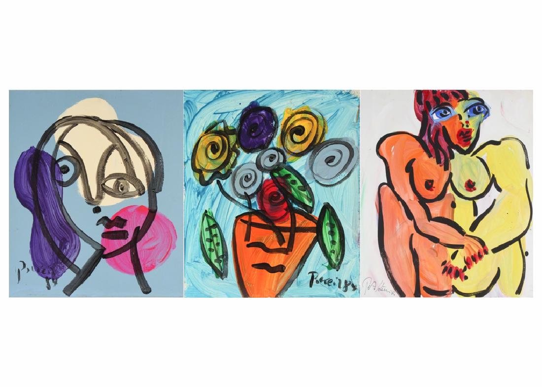 3 Peter Keil Germany Neo Expressionist Painting: Peter Robert Keil (1942-) Germany, lot of three oil on board paintings. Features three abstract expressionist works including one nude portrait, one abstract face and one still life. Signed lower righ