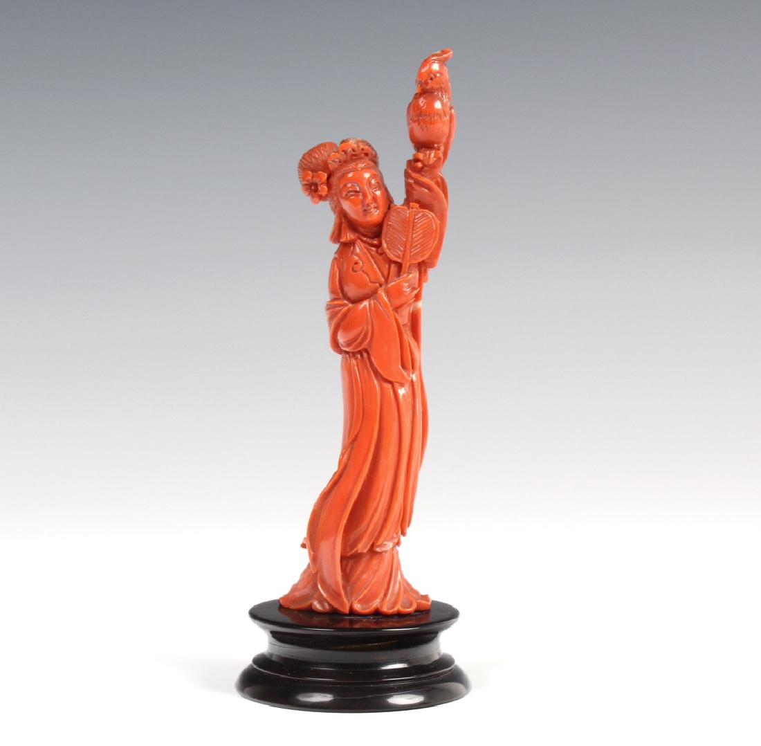 Chinese Carved Salmon Red Branch Coral Quan Yin 5" (1 of 7)