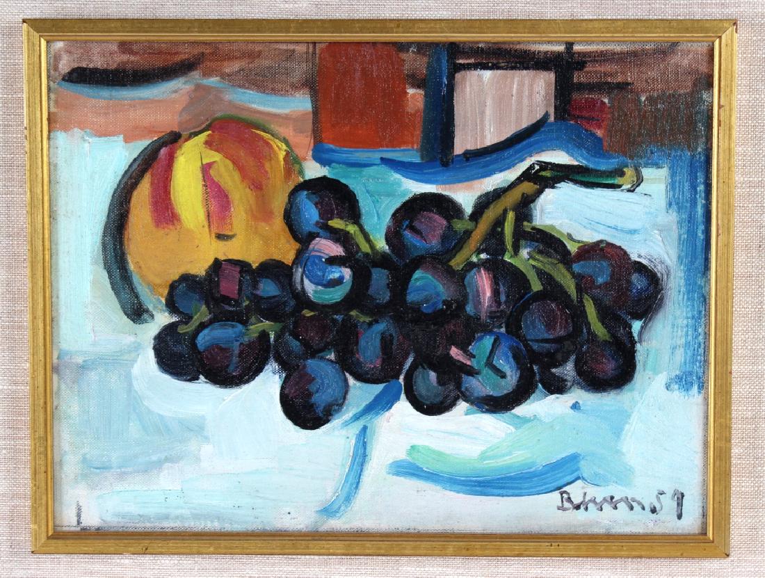 Ben Benn Fruit Still Life Grapes w/ Peach Painting: Ben Benn (1884 - 1983) New York, Russia, Well Listed. Original oil on canvas board painting. Depicts a still life image of grapes and a peach. Signed lower right. Dated 59'. Daniel E. Lewitt Fine Art