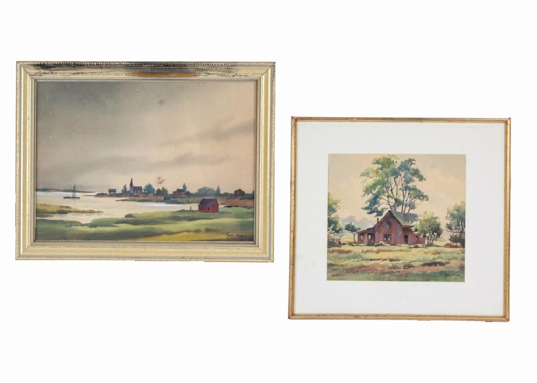 2 John Hare American Landscape Watercolor Painting: John Cuthbert Hare (1908 - 1978) Massachusetts, Florida. Lot of 2 landscape original watercolor paintings by listed artist John Hare. Both signed lower right. One painting depicts a cabin in the woods