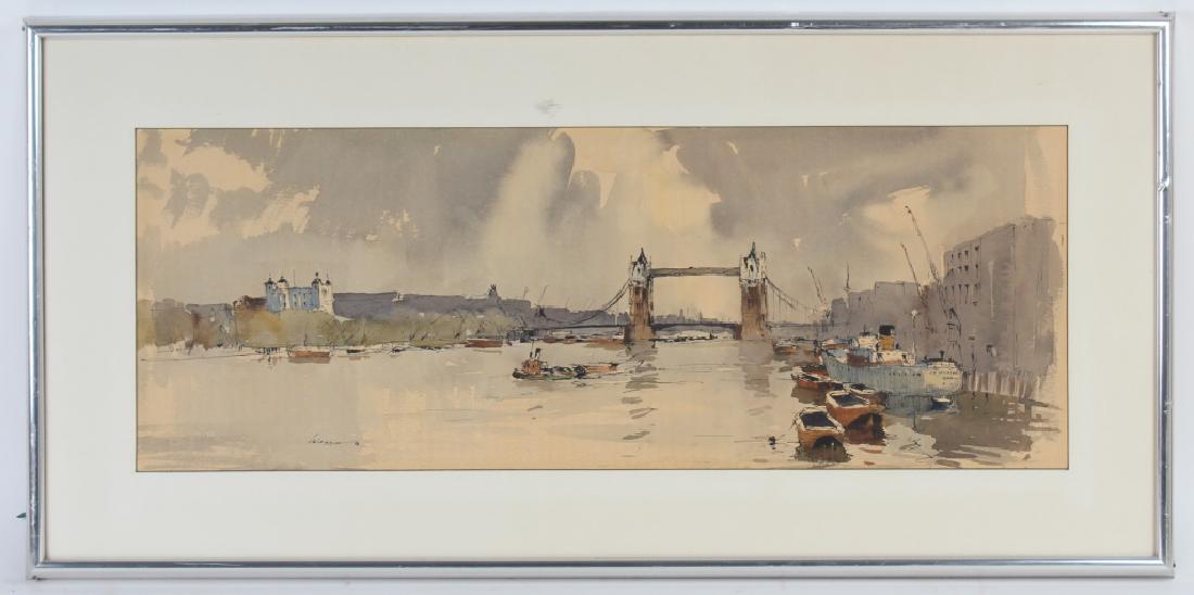 Edward Wesson London Bridge UK Watercolor Painting: Edward Wesson (1910 - 1983) United Kingdom, watercolor on paper. Depicts the Thames River with the London Bridge in the background. Signed lower left. Sight measures 10 3/4" X 29 1/2". Housed in frame