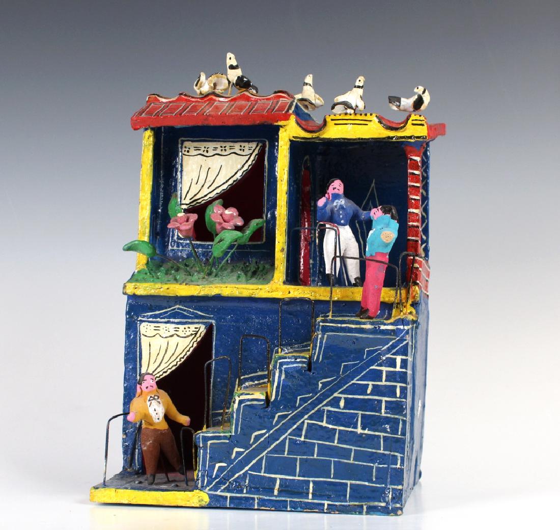 Signed YABR Pottery Sculpture Manner Of C. Medrano: Mystery artist signed architectural art pottery sculpture in the manner of Candelario Medrano. Depicts a two story building with three figures as well as birds and flowers. Signed on verso Y.A.B.R. Me