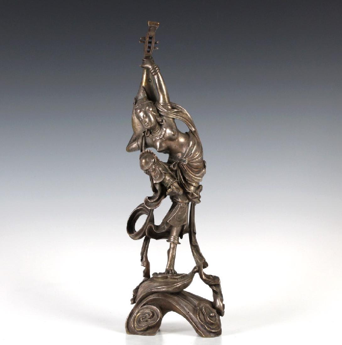 Chinese Silvered Bronze Dancer Pipa Sculpture 13" (1 of 10)