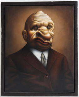 Amy Hill American "MOBSTER" Portrait Art Oil Painting: Amy Hill (20th Century) American, New York. Original oil painting on board. Surrealist portrait of a mobster type figure. Housed in a black painted wood frame. Artist signed on verso dated 2004.