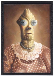 Amy Hill American MARGE Portrait Art Oil Painting: Amy Hill (20th Century) American, New York. Original oil painting on board. Artwork depicts a surrealist portrait of a reptile women. Signed on verso, Titled "Marge". Good overall condition with