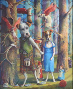 Jo Ellen Trilling American Surreal Dogs Painting: Jo Ellen Trilling (20th Century) American. Original oil painting on canvas. Depicts a surrealist forest landscape scene with unique dogs figures, flying rats and other figures walking through a