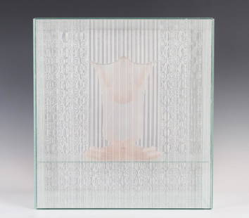 SYDNEY CASH "Loving Kindness" Art Glass Sculpture: Sydney Cash (born 1941) American. One of a kind Modernist studio art glass vase. Features a modern form with beveled edges and horizontal streaks of blue pink and green. Signed on base. Measures 13" x