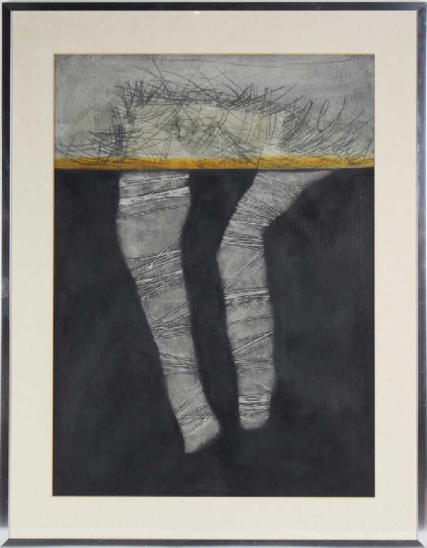 Ramon A Carulla b.1936 Cuban Abstract Art Oil Painting: Ramon A Carulla (born 1936) Cuba. Abstract oil painting on paper. Artwork depicts two tunnels going below a mustard yellow surface with textured erratic cut lines above. Signed upper right. Comes with