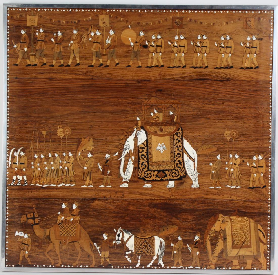 Indian Wood Inlay Elephant & Royals Wall Art Panel: Large and elaborate antique Indian wood inlay panel. Depicts numerous figures thought to be various court figures and guards in a procession with an elephant carrying royal's. Crafted of wood and othe