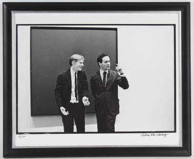 William Kennedy Photo Robert Indiana & Andy Warhol: William John Kennedy (1930-Present) American photographer, New York. Limited edition silver gelatin fiber photograph. Artwork titled "Robert Indiana & Andy Warhol". Depicts the recently deceased