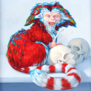 Laurie Hogin American Surreal Art Monkey Oil Painting: Laurie Hobin (b.1963) American. Original oil painting on canvas. Art depicts an out of this world species of monkey in vivid various colors, with a pair of human skulls. Artwork titled "The Color of M