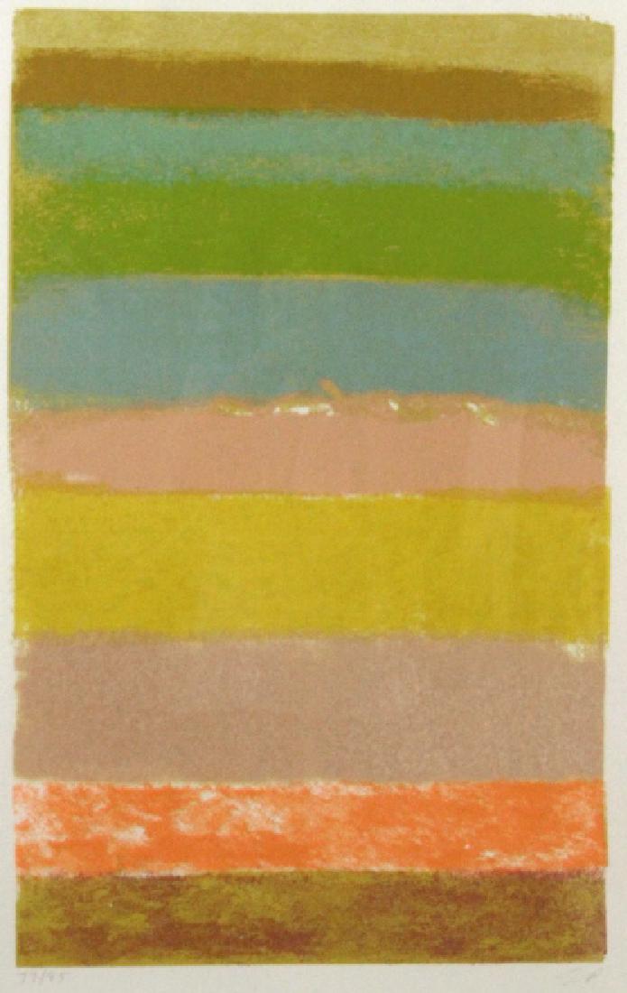 Larry Poons American LE Abstract c. 1969 Serigraph: Larry Poons (1937-) New York / American, Japan. Limited Edition serigraph on felt. Artwork depicts a colorful abstract expression. Pencil signed lower right and numbered in pencil lower left 77/95. Ti