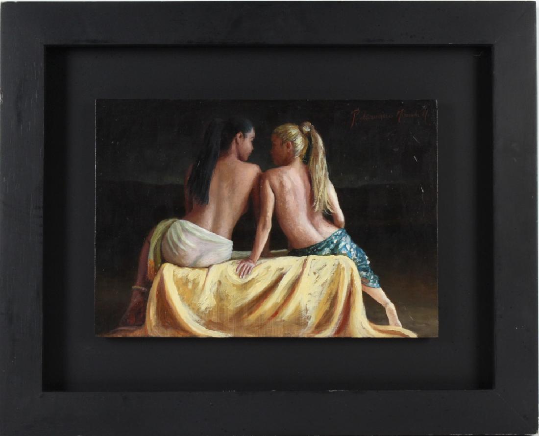 Belarmino Miranda Montoya b1966 Colombian Painting: Belarmino Miranda Montoya (1966-Present) Columbia, Original oil on board painting. Features the work titled Wishful Thinking. Depicts a pair of semi-nude woman seated on a cloth draped seat. Signed up