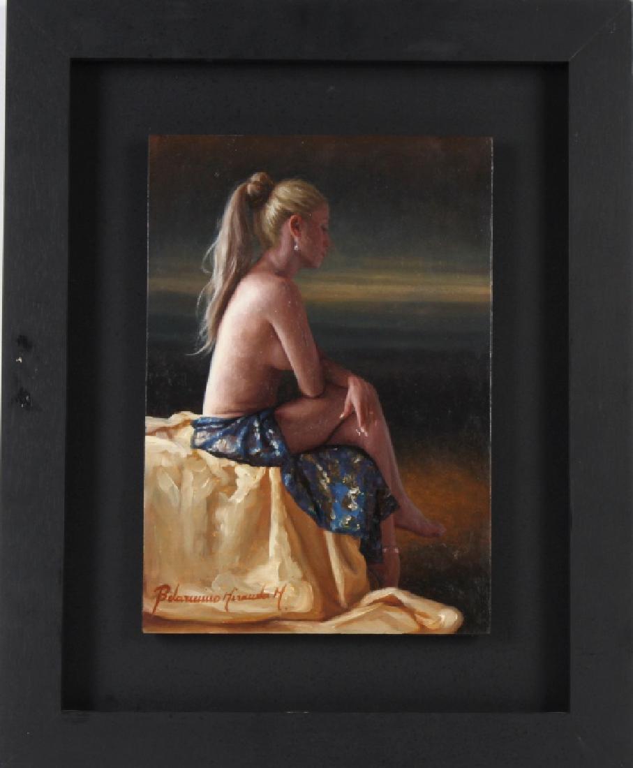 Belarmino Miranda Montoya b1966 Colombian Painting: Belarmino Miranda Montoya (1966-Present) Columbia, Original oil on board painting. Features the work titled Wishful Thinking. Depicts a pair of semi-nude woman seated on a cloth draped seat. Signed up