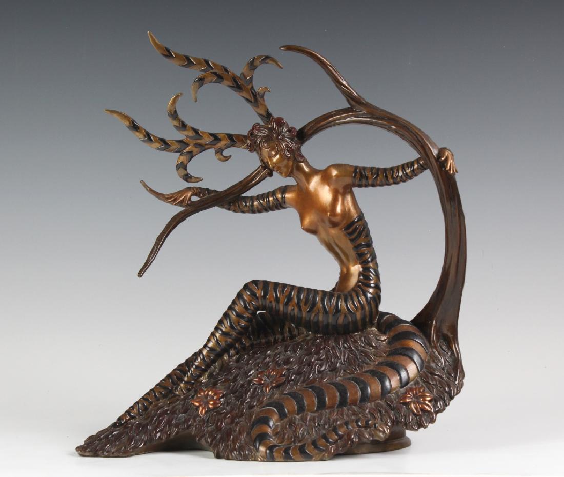 ERTE Romain De Tirtoff (1892-1990) "THE HUNTING": Erte aka Romain De Tirtoff (1892-1990 Russia). Titled: The Hunting. Sculpture crafted out of cast bronze with hand applied patination. Statue depicts a beautiful partial nude art deco woman with flowi