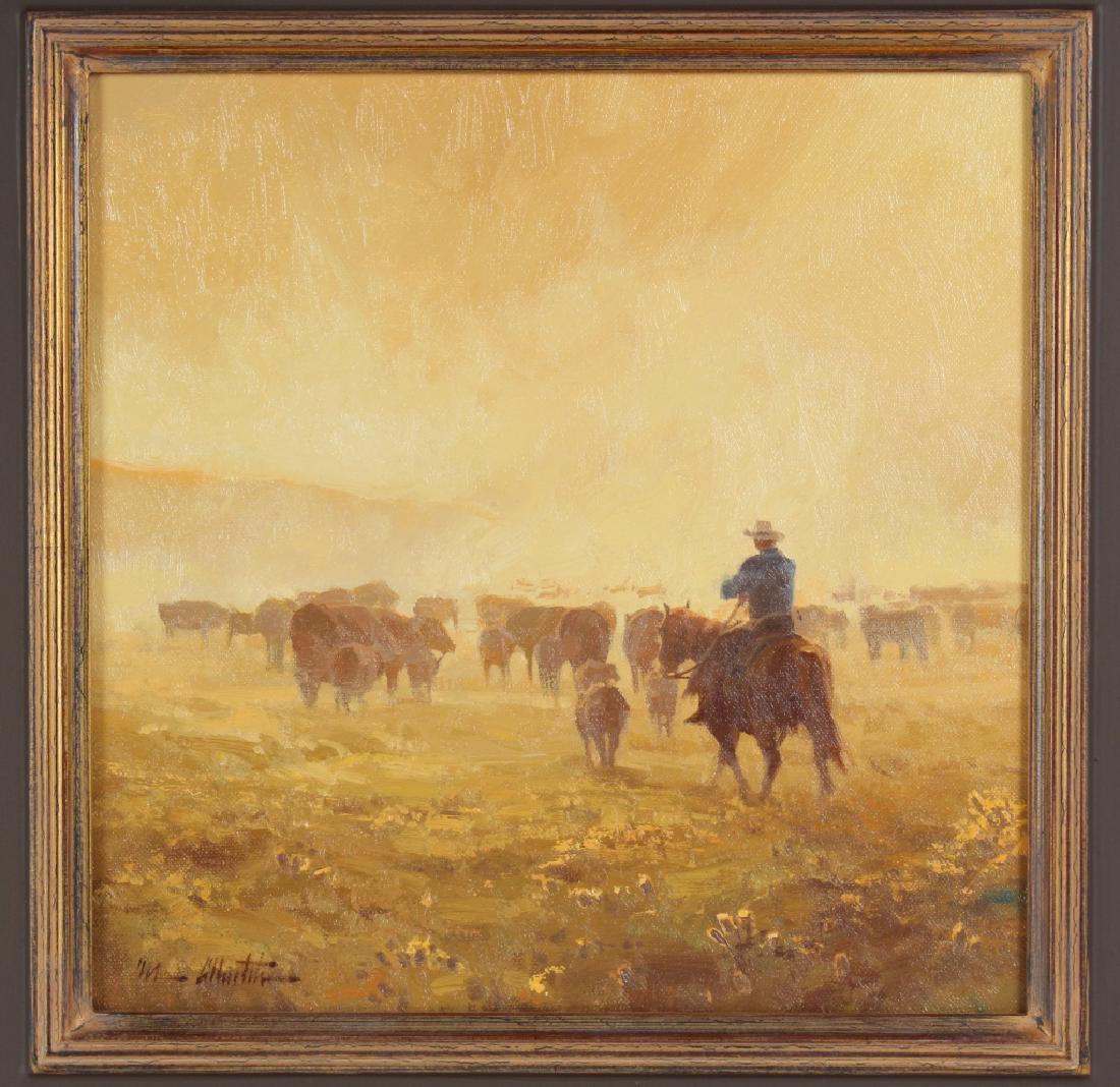 Michael Albrechtsen American Western Oil Painting: Michael Albrechtsen [ 1962 - American ]. Titled: "Too Much Dust". Subject: matter features a cowboy on horseback leading a herd of cows through a dusty plain. Medium: Original oil painting on canvas.