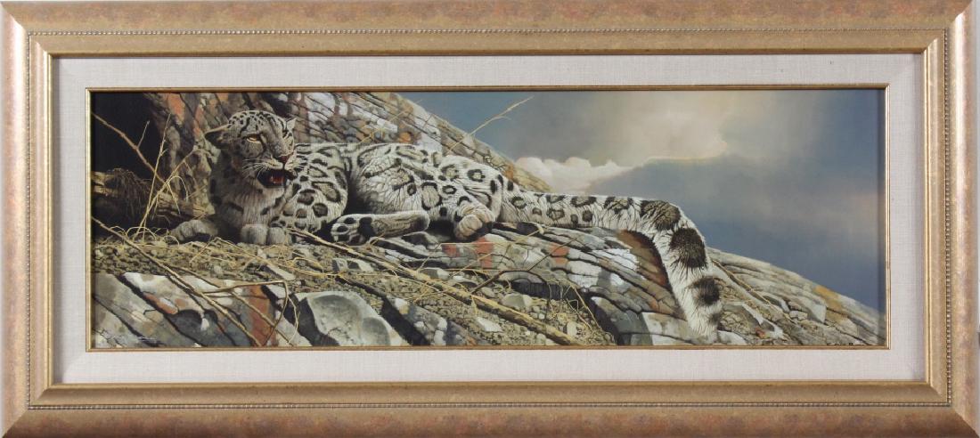Craig Bone b1955 American AP LE Wild Nature Giclee: Craig Bone (1955 - Present) Florida, limited edition artist proof giclee on canvas. Features the work titled Shan. Depicts a snow leopard reclining on a rock. Signed in marker lower left. Edition numb