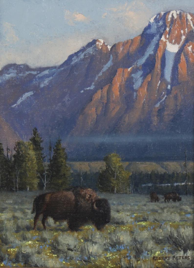 Robert Peters American Buffalo Landscape Painting: Robert Peters [ 1960 - American ]. Nature wildlife. Titled "Giants of the West, Study ". Subject matter features buffalo grazing in a grassy field, a daytime sky with snowy mountains in the background