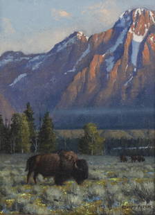 Robert Peters American Buffalo Landscape Painting: Robert Peters [ 1960 - American ]. Nature wildlife. Titled "Giants of the West, Study ". Subject matter features buffalo grazing in a grassy field, a daytime sky with snowy mountains in the