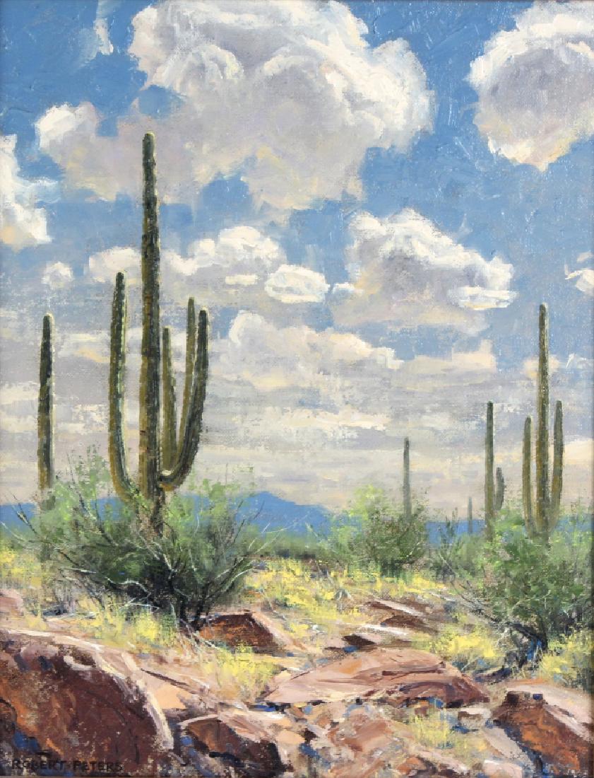 Robert Peters American Desert Landscape Painting: Robert Peters [ 1960 - American ]. Titled "Saquaro Skies". Subject matter features a daytime desert landscape with large cacti, a small view of mountains in the background. Original oil painting on bo