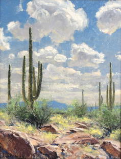 Robert Peters American Desert Landscape Painting: Robert Peters [ 1960 - American ]. Titled "Saquaro Skies". Subject matter features a daytime desert landscape with large cacti, a small view of mountains in the background. Original oil painting 